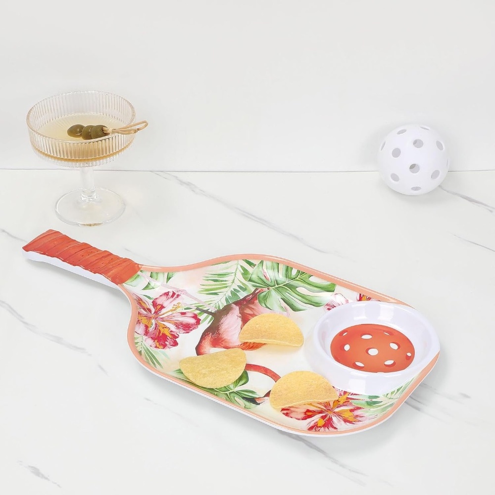 Flamingo Melamine Chip and Dip Tray, Tropical Floral Pickleball Paddle design. - Picture 7 of 9